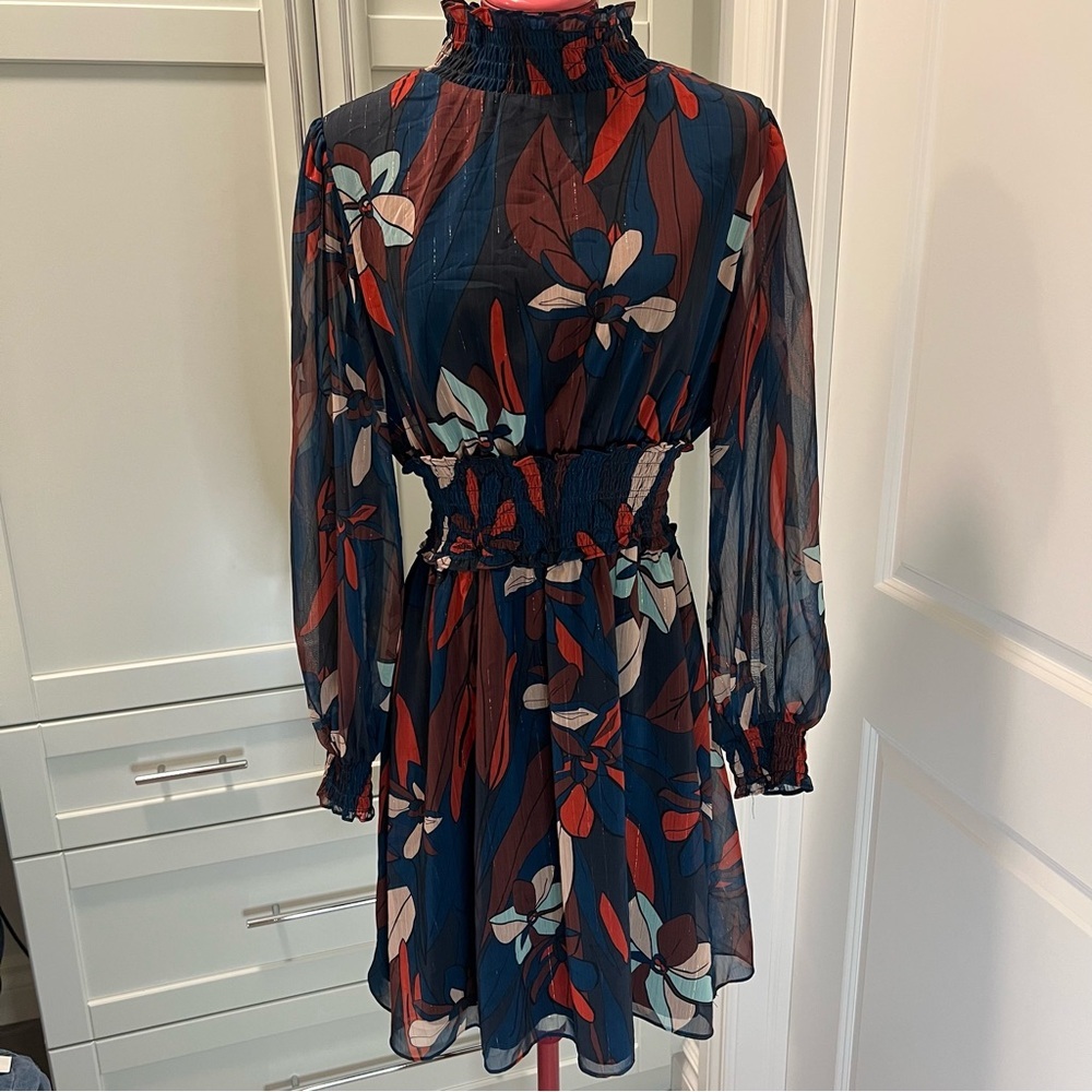 NWOT FOREST LILY Blue Floral Chiffon Dress Smocked Long Sheer Sleeve Size Small